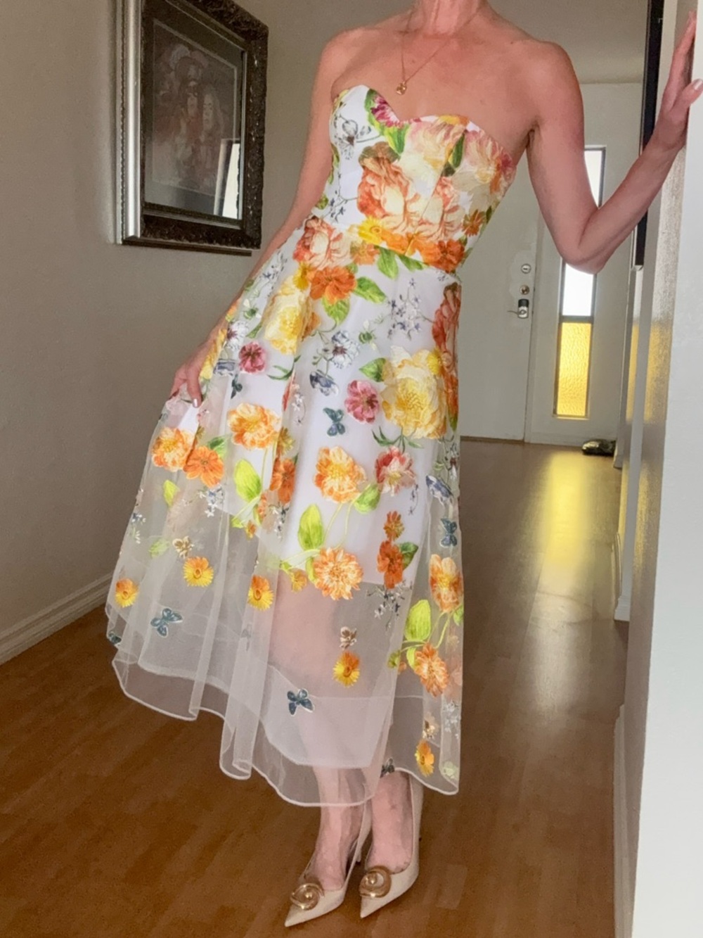 Marchesa Notte Tulle Embroidery Floral Strapless Midi Dress 2 $895 NEW